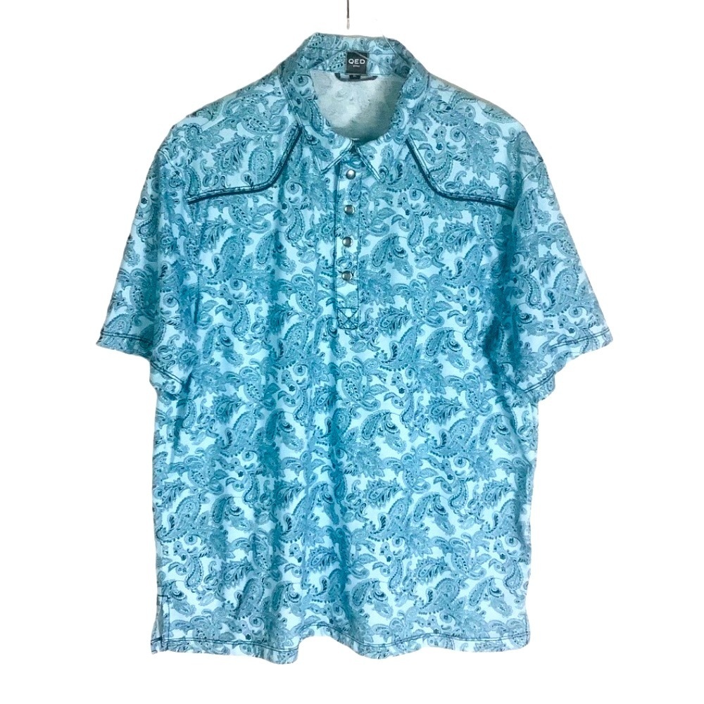 QED Men's Paisley Western Cowboy Short Sleeve Henley‎ Shirt Snap Buttons XL